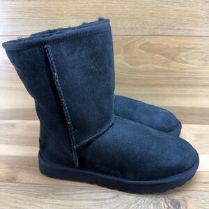 UGG Classic Short Boots Womens 7 Black Suede Shearling Fur Lined